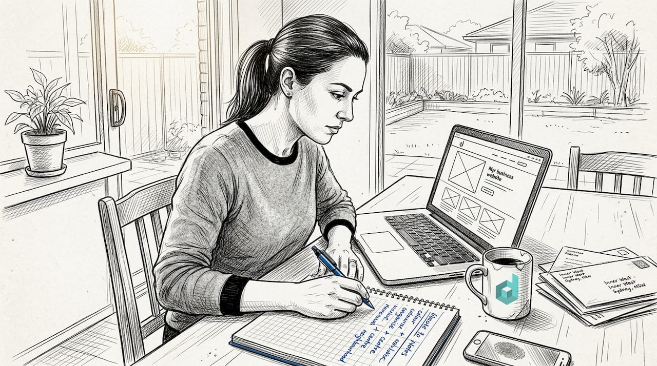 Small business owner reviewing website at home