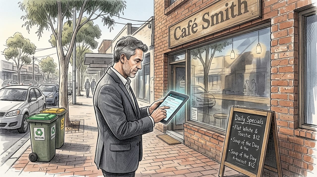 Business owner updating local SEO outside shop