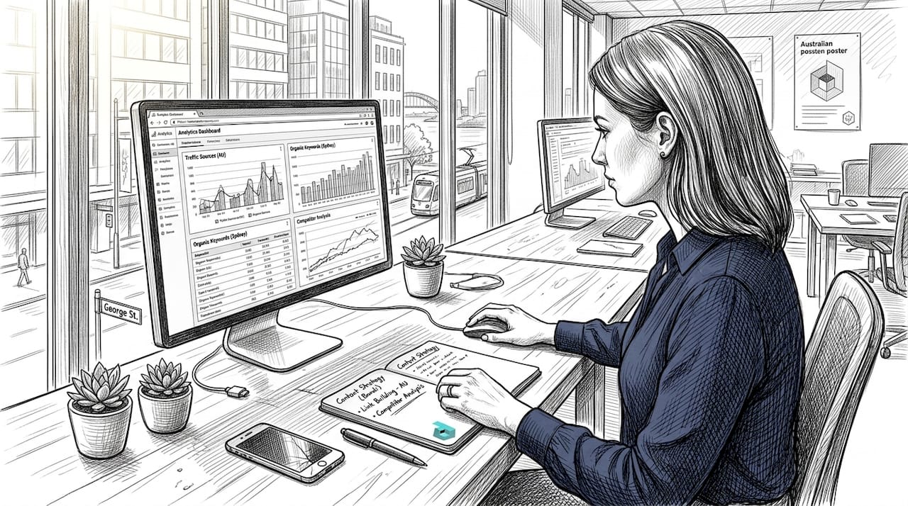 Australian businesswoman reviewing SEO strategy at desk