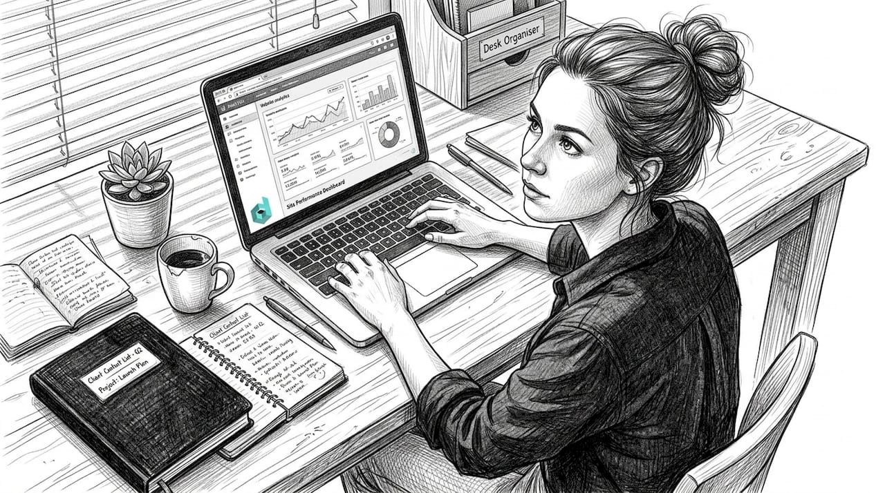 Business owner checking website analytics at desk