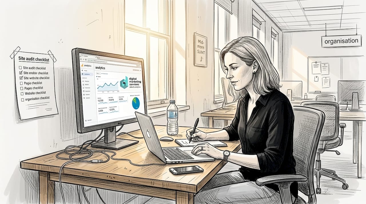 Business owner monitoring website analytics in open workspace