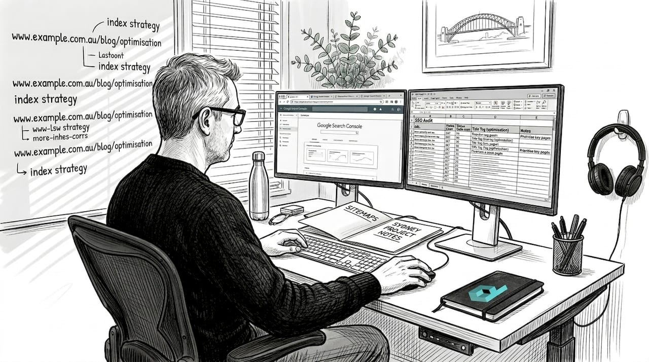 Web consultant reviewing SEO audit spreadsheet