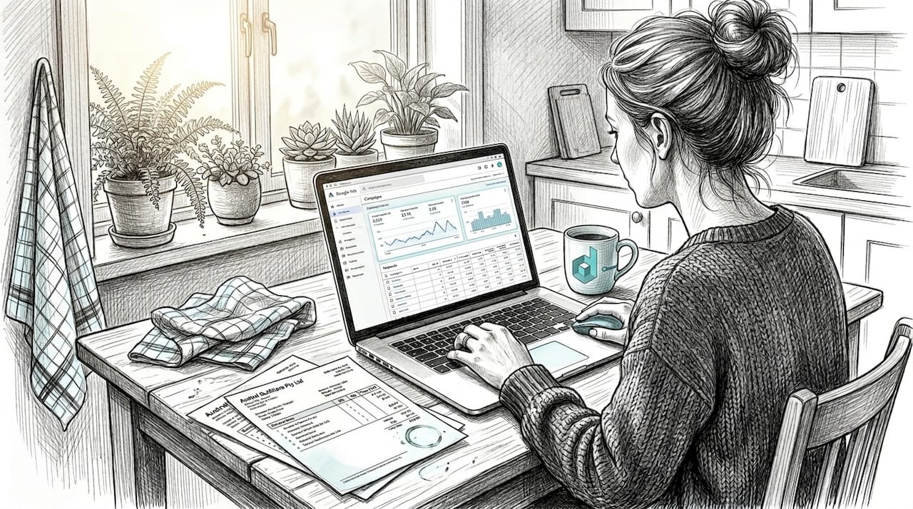 Ecommerce owner manages ads at kitchen table