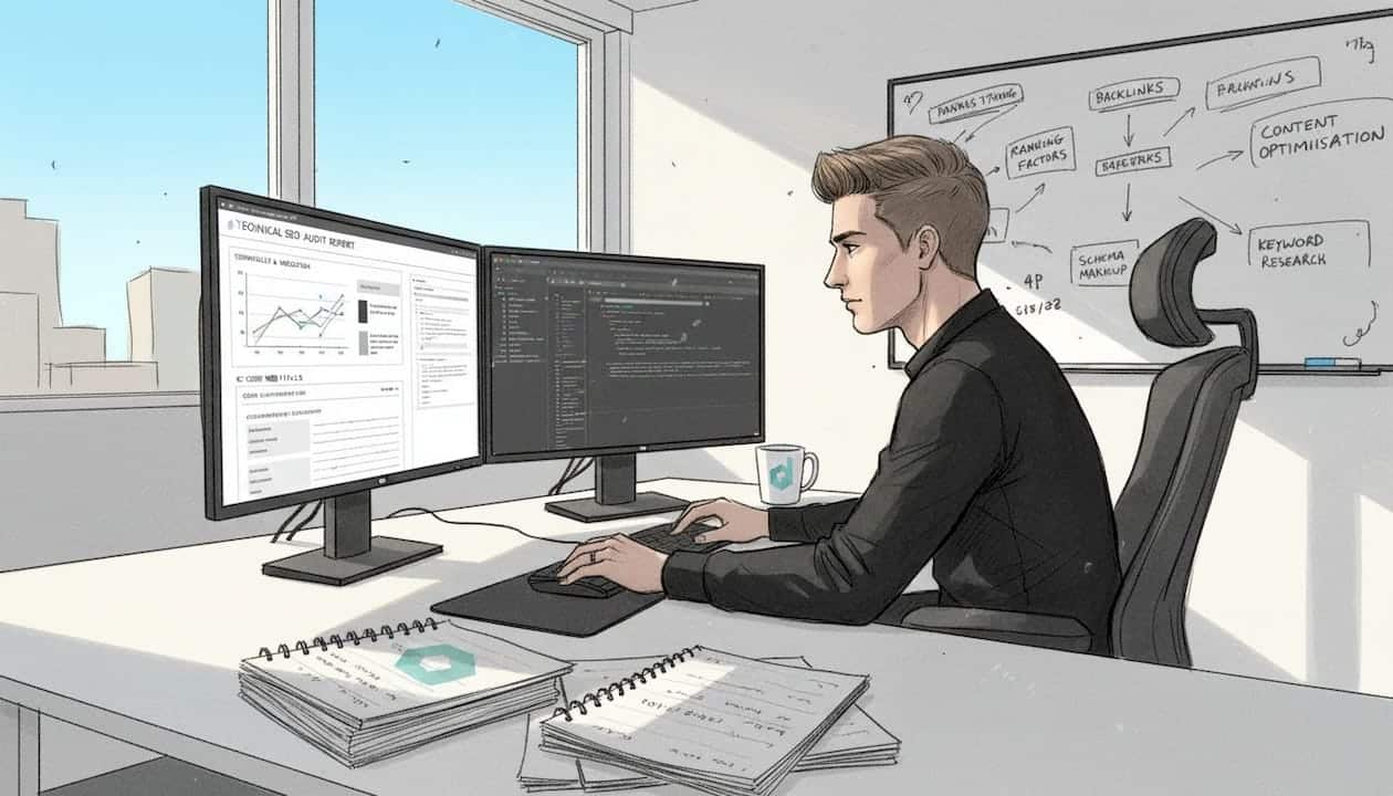 SEO analyst reviews technical audit report at desk