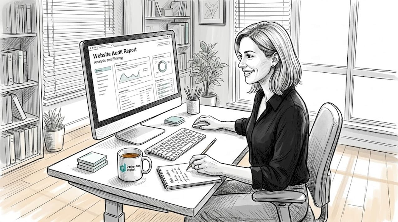 Web strategist reviewing site audit at desk