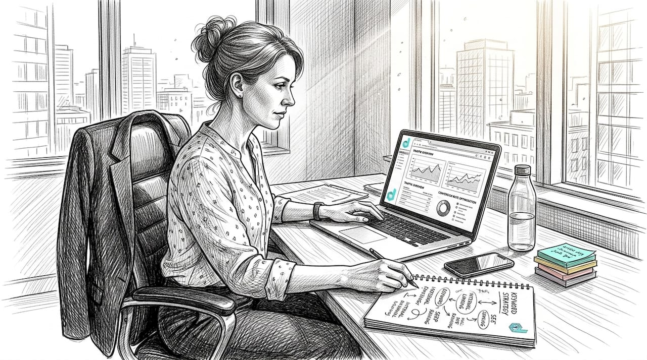 Business owner examining SEO analytics at desk