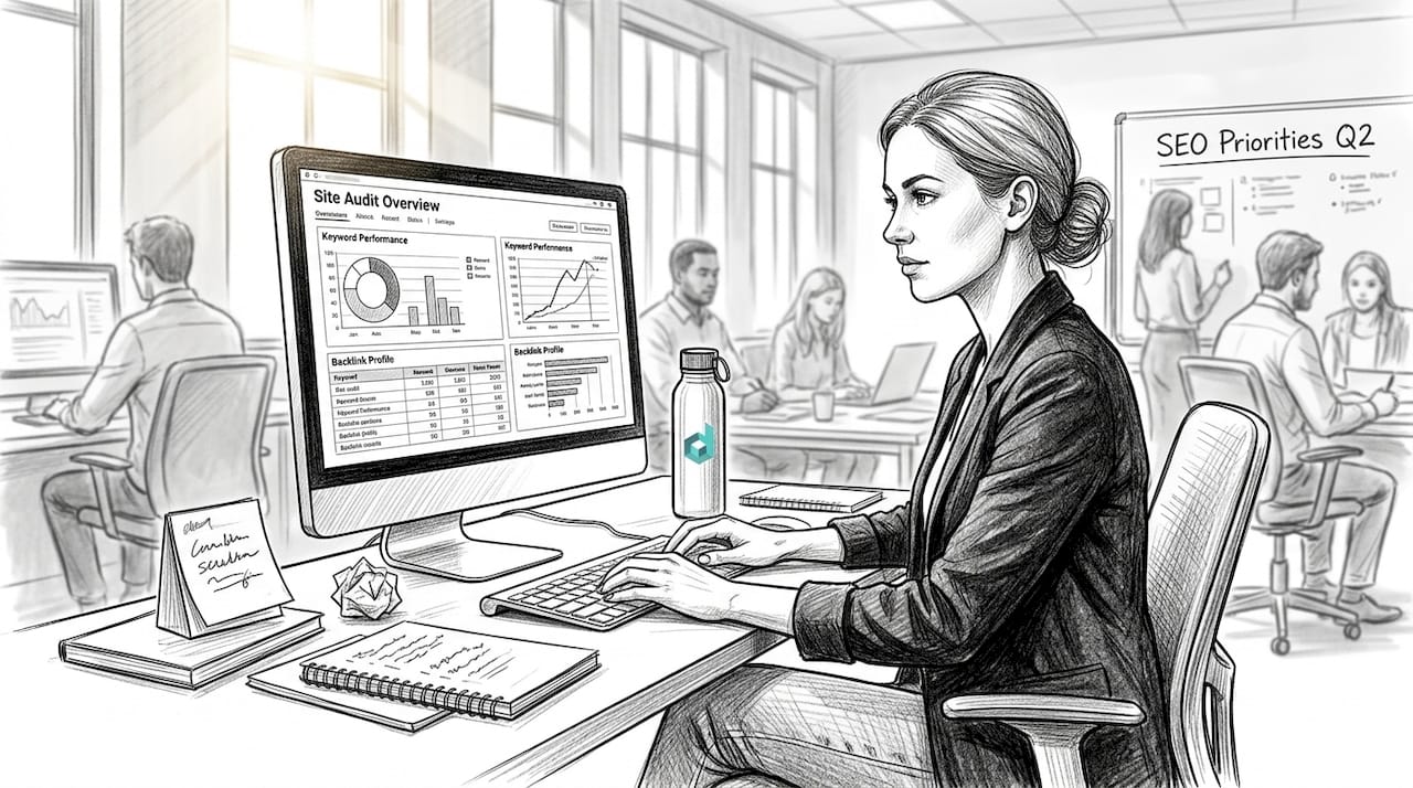 SEO specialist reviewing site audit in open-plan office