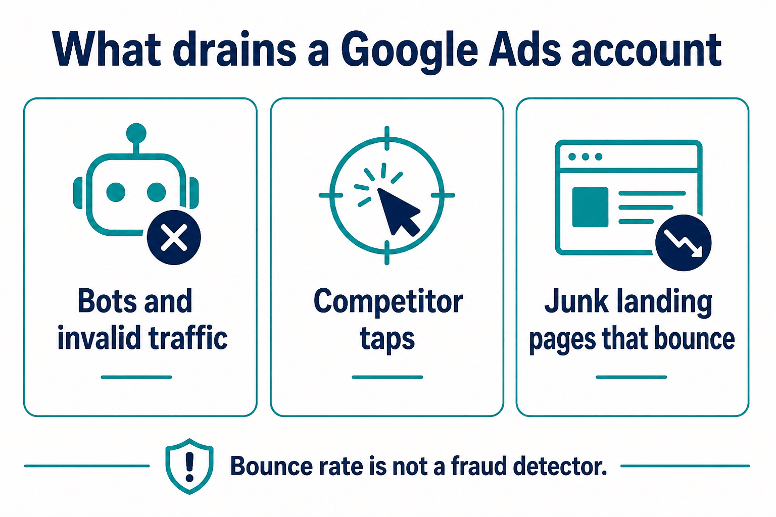 Diagram of what drains a Google Ads account: bots and invalid traffic, competitor taps, and junk landing pages that bounce. Bounce rate is not a fraud detector.