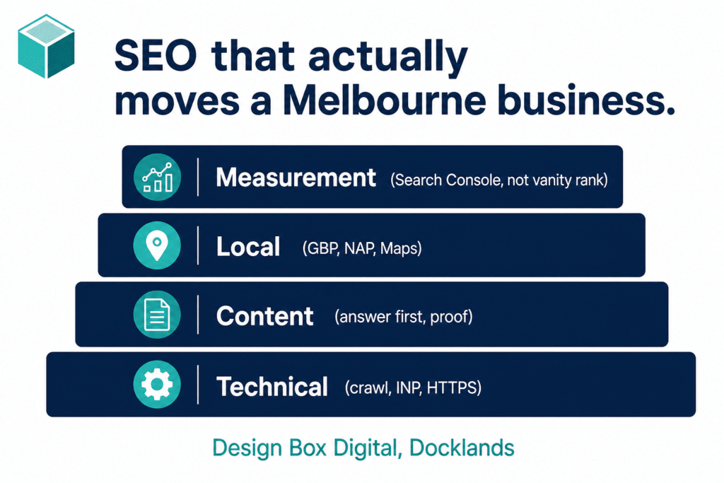Diagram of four SEO layers for a Melbourne business: technical (crawl, INP, HTTPS), content (answer first, proof), local (GBP, NAP, Maps), and measurement in Search Console rather than vanity rank.