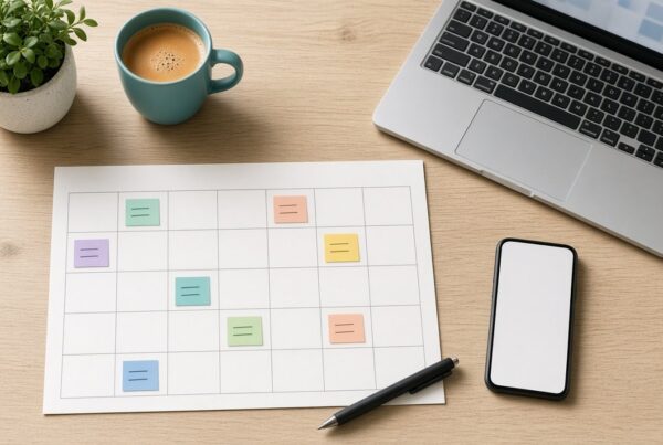 Overhead view of a light timber desk with a paper monthly planner covered in coloured sticky notes, a laptop, a smartphone with a blank screen, a teal coffee cup, a pen and a small potted plant