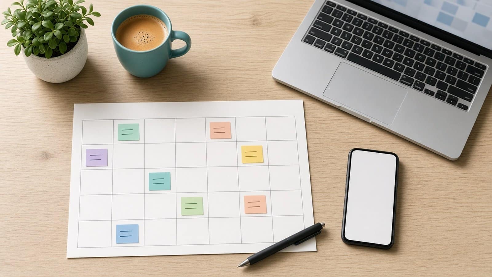 Overhead view of a light timber desk with a paper monthly planner covered in coloured sticky notes, a laptop, a smartphone with a blank screen, a teal coffee cup, a pen and a small potted plant
